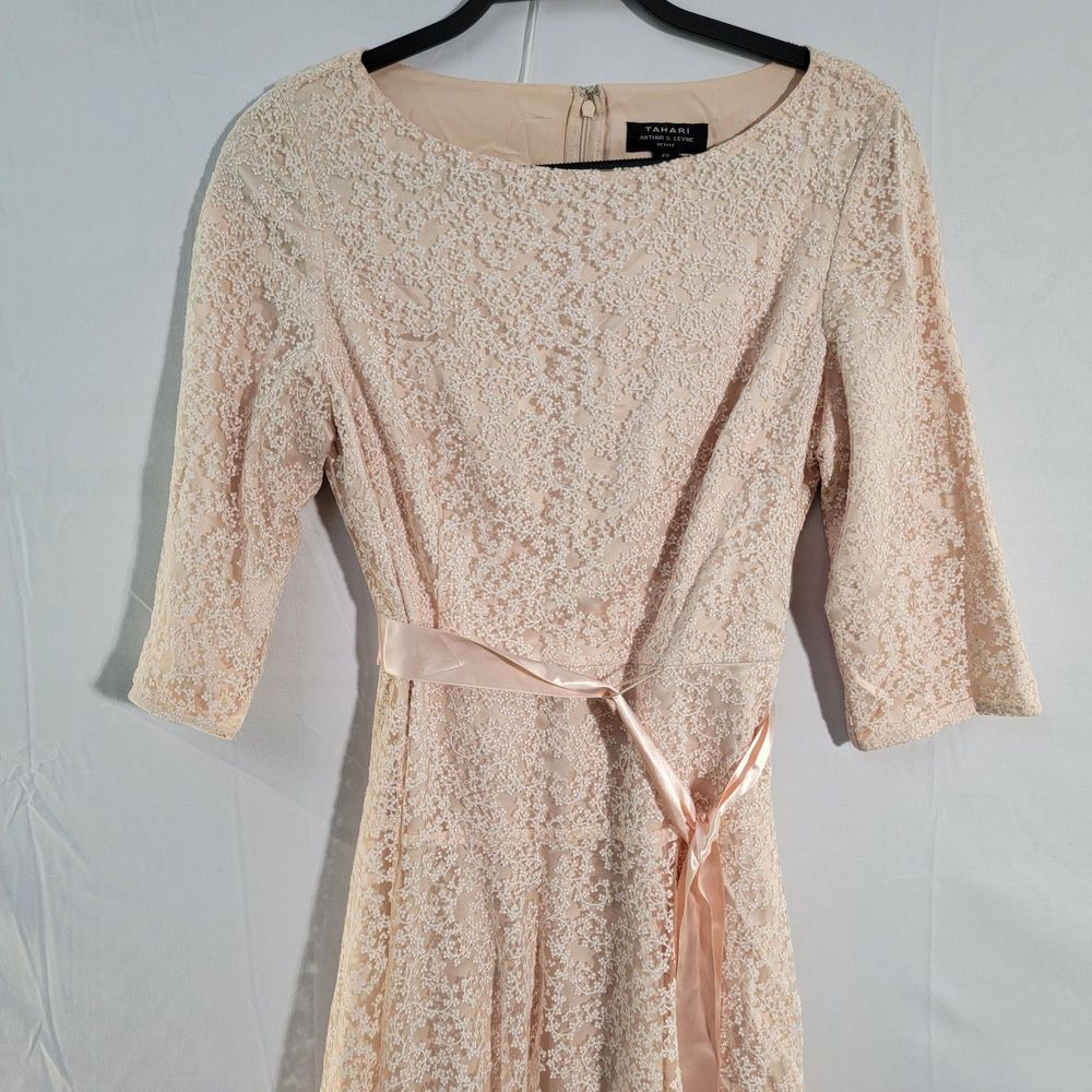 Tahari Arthur Levine Peach Lace Rayon Blend 3/4 Sleeve Knee Length Ribbon Dress - Picture 4 of 10